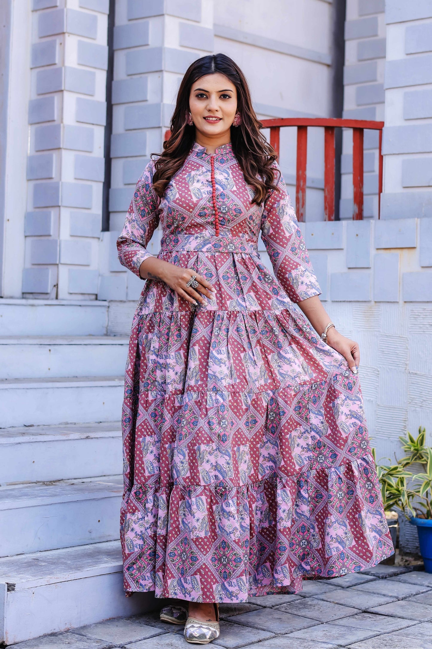 Pink Printed Potli Neck Gown