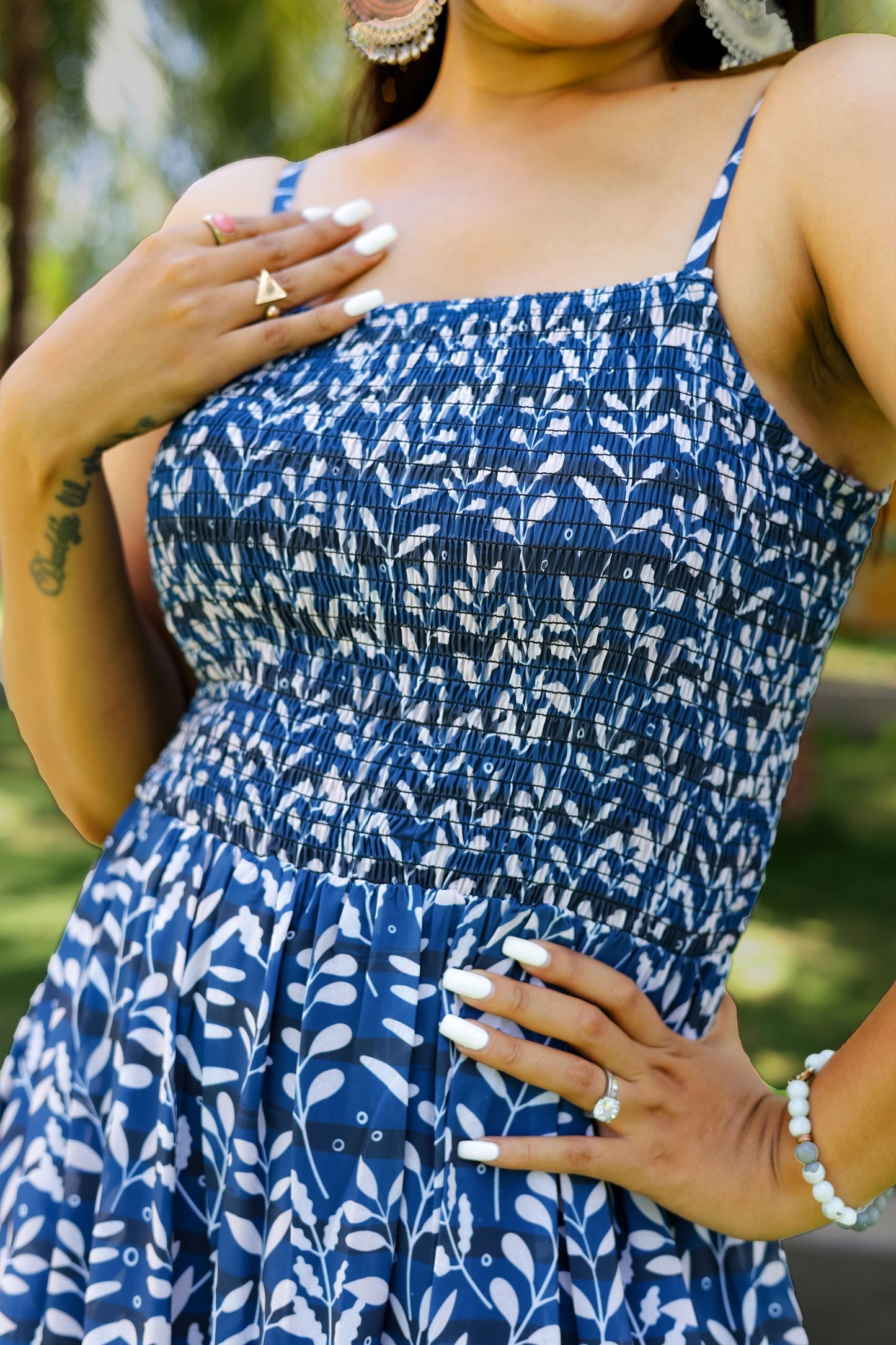 Navy Blue Smocked Detail Maxi Dress