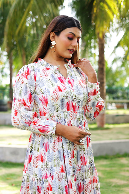 Raspberry Floral Blossom Maxi Dress with Cuffeed Sleeves