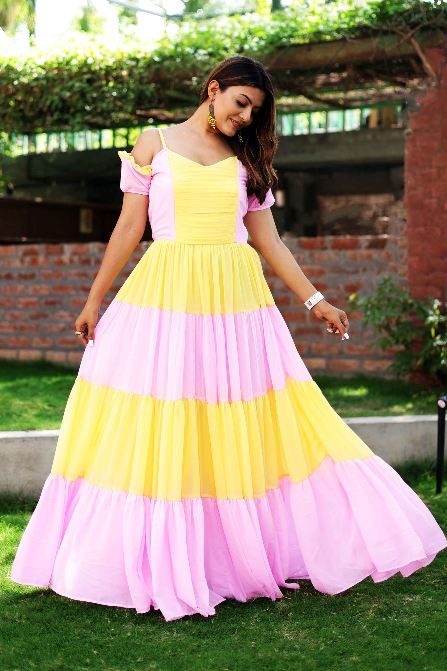 Pink & Yellow Designer Tiered Dress