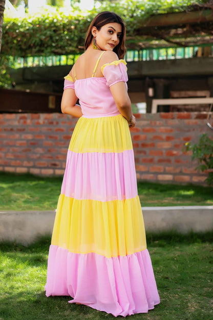 Pink & Yellow Designer Tiered Dress