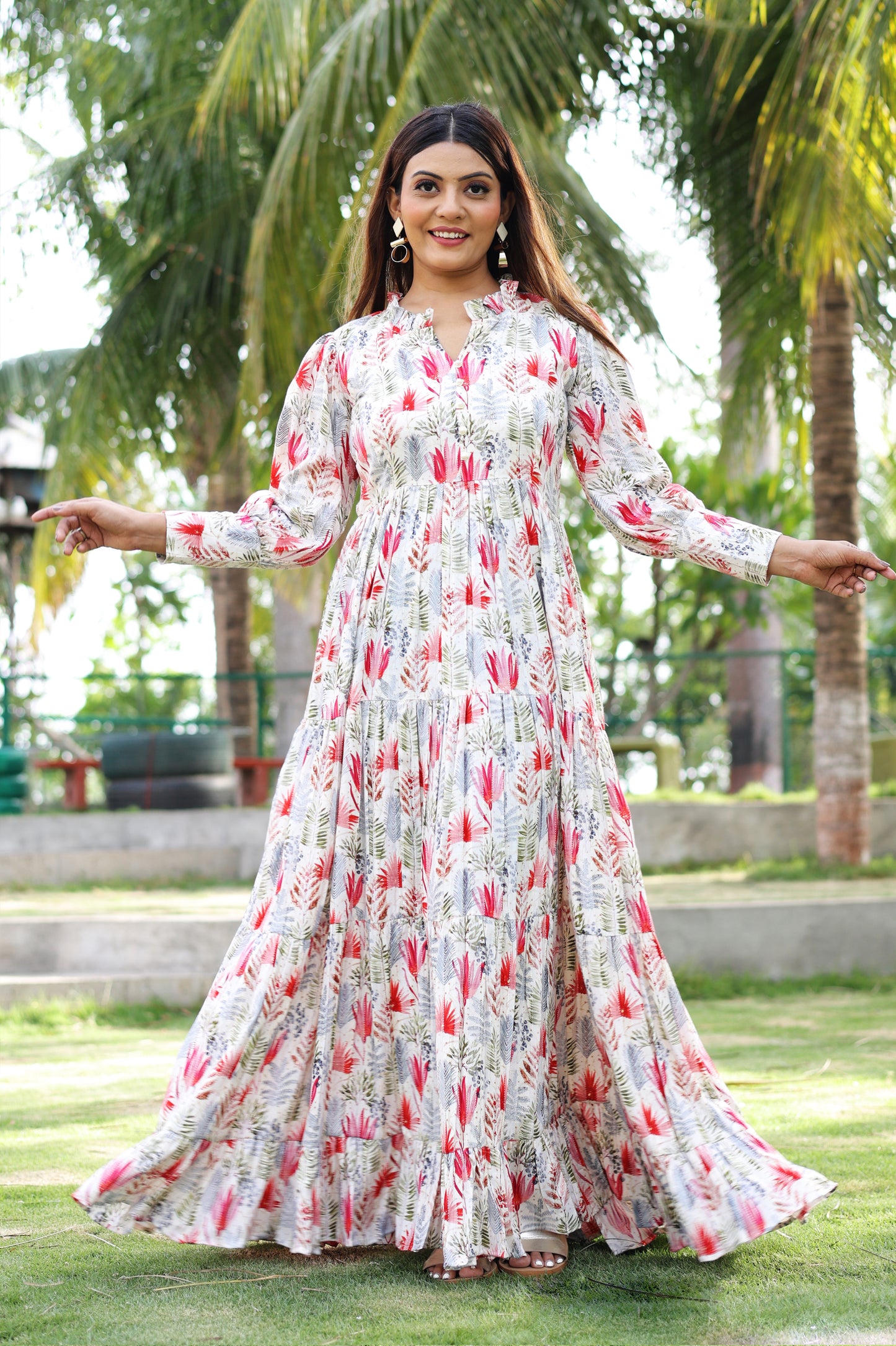 Raspberry Floral Blossom Maxi Dress with Cuffeed Sleeves