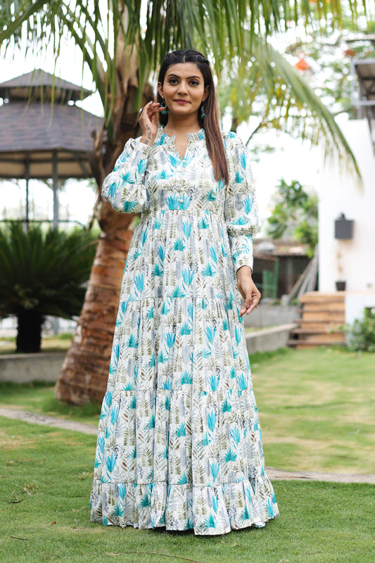Sea Blue Floral Blossam Maxi Dress with Cuffeed Sleeves
