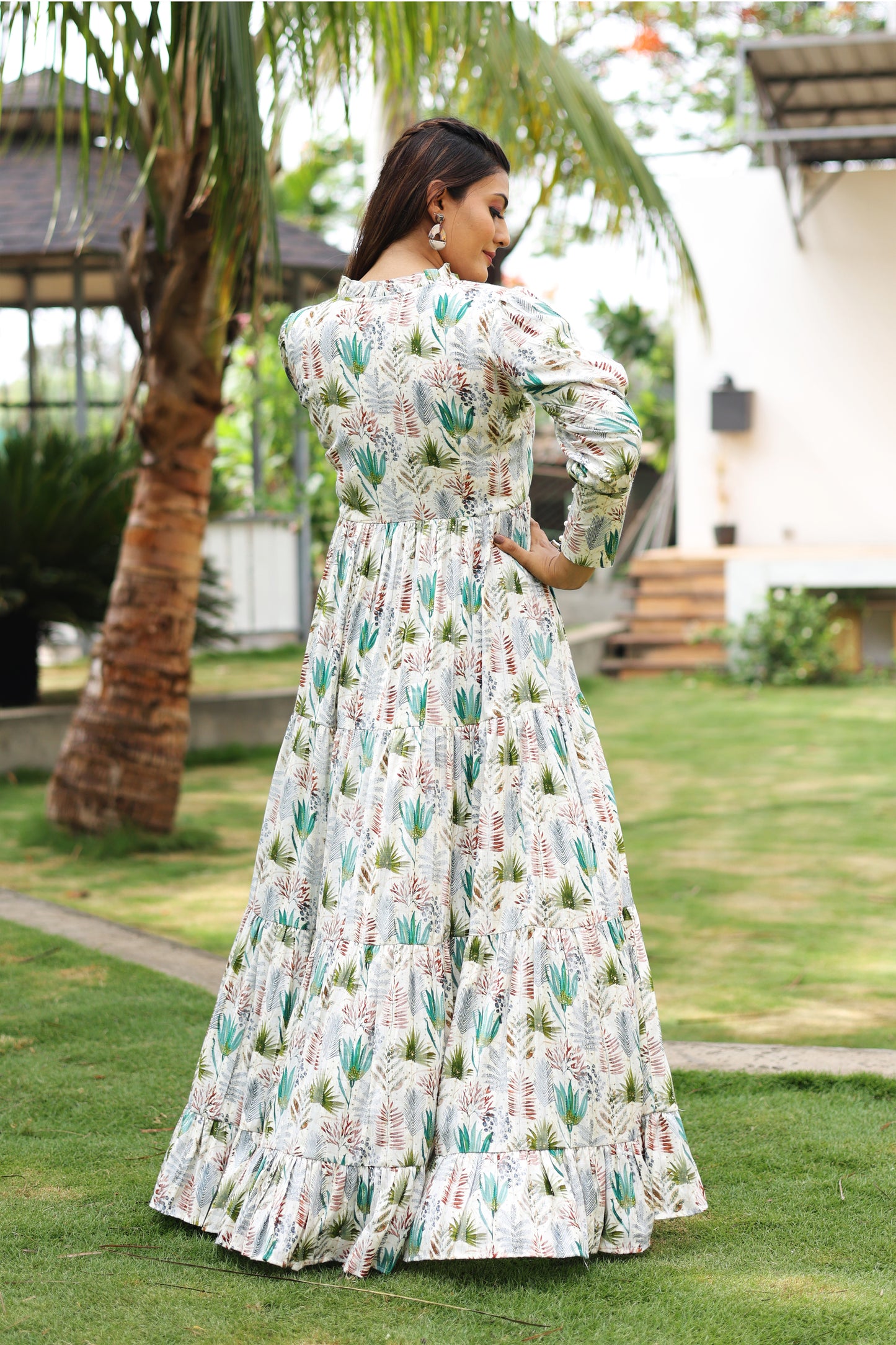 Turquish Floral Blossam Maxi Dress with Cuffeed Sleeves