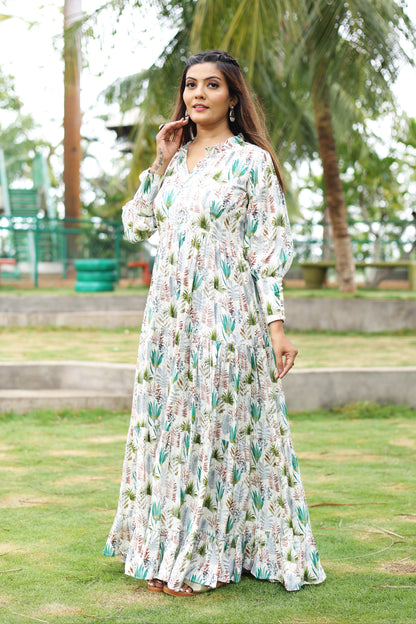 Turquish Floral Blossam Maxi Dress with Cuffeed Sleeves