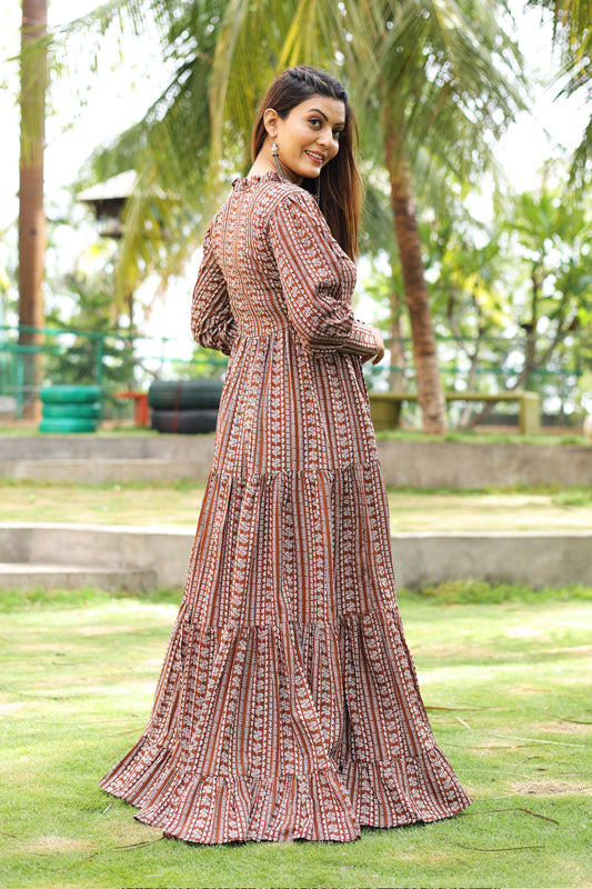 Cinnamon Brown Printed Maxi Dress with Cuffed Sleeves