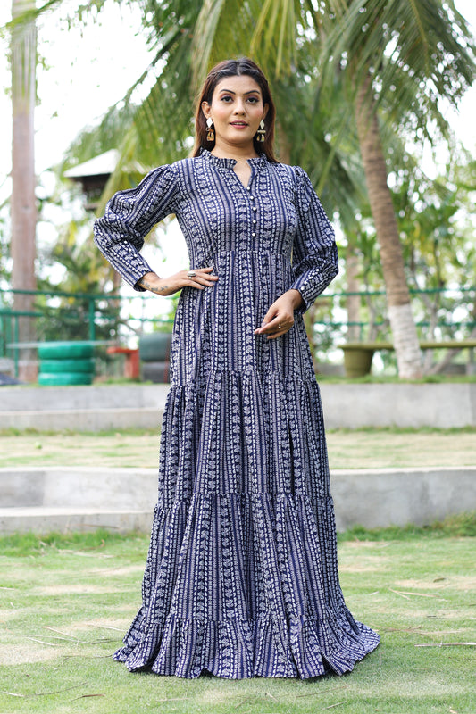 Sapphire Blue Printed Maxi Dress with Cuffed Sleeves