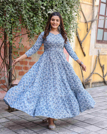 Wavy Blue Printed tier White Gown